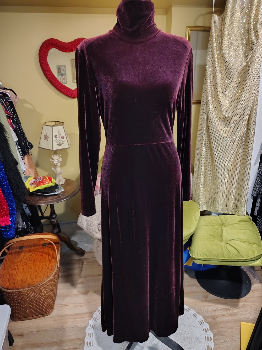 Vintage 80s Petite Velvet Turtleneck Maxi Dress in Deep Plum